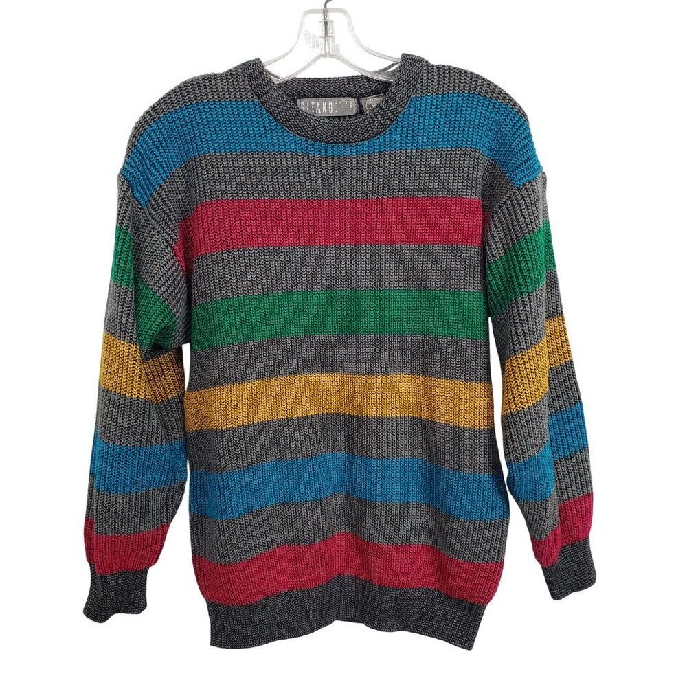 Gitano Mens M Sweater Striped Knit Acrylic Ribbed Cuff and Hem Soft 80s Vintage - Picture 2 of 10
